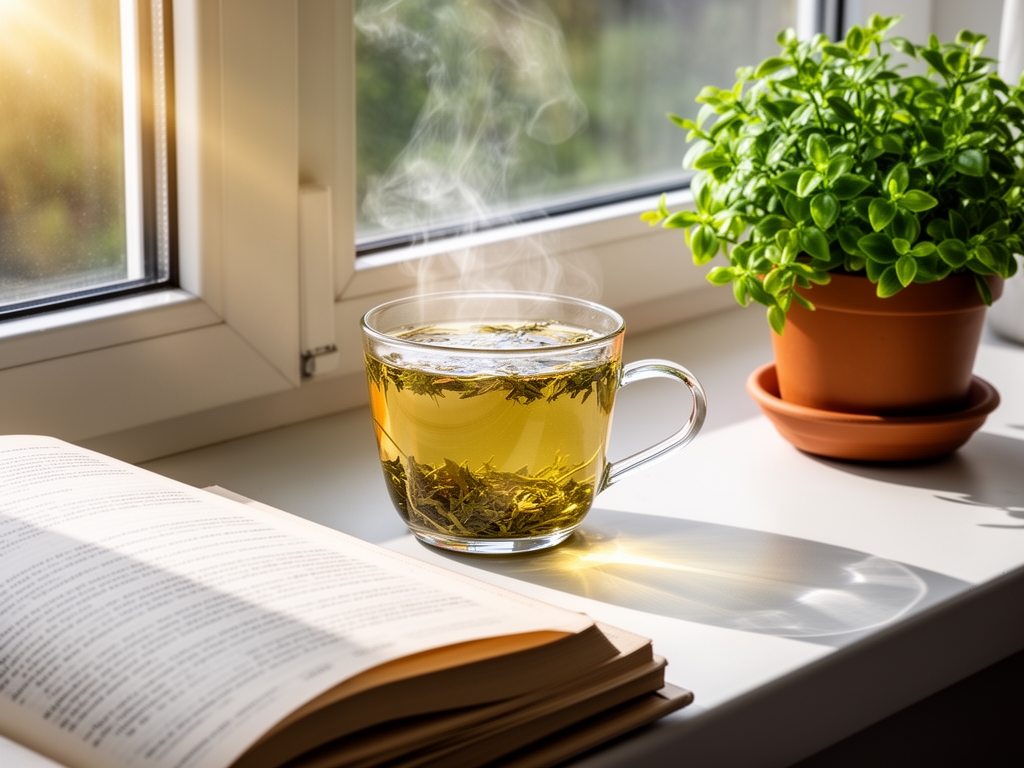 Mirna jutarnja scena — šolja biljnog čaja na prozorskoj dasci pored otvorene knjige, sunčeve zrake koje ulaze kroz prozor i biljka u saksiji — vizualizacija opuštene svakodnevnice i zdravih navika