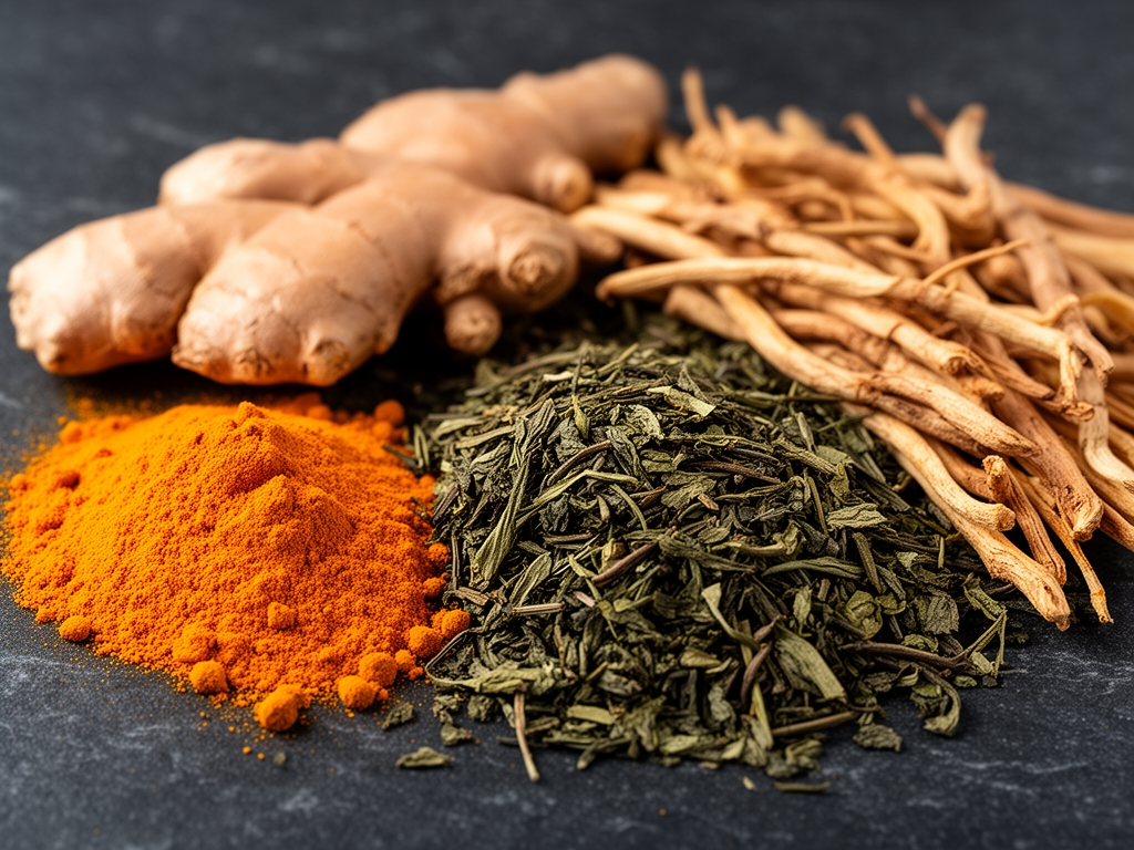 Krupni plan prirodnih biljnih ekstrakata i sušenog bilja raspoređenog na tamnoj kamenu površini — kurkuma, suvi đumbir, zeleni čaj listovi i korijen maslačka u toplom, naturalnom osvetljenju