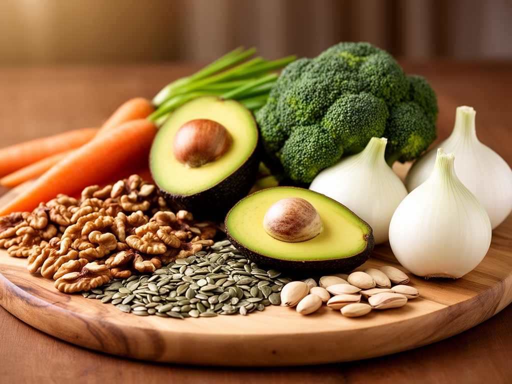 Raznovrsna hrana bogata nutrijentima složena na drvenu ploču — orašasto voće, semenke, avokado, brokoli, šargarepa i beli luk u toplom naturalnom osvetljenju, bez ambalaže ili brendiranja