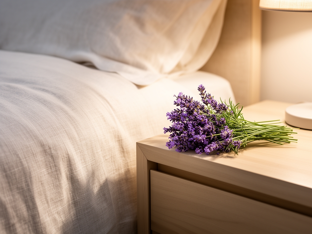Miran, ureden krevet sa lanenin posteljinom i malim buketa lavande na noćnom ormariću — apstraktna vizualizacija kvalitetnog sna i oporavka u mekanom svetlu