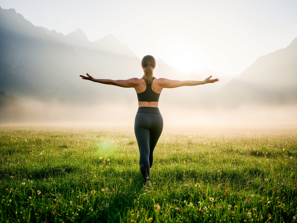 Žena u stavu joge na zelenilu planinske livade u ranom jutru — figura prikazana s leđa sa rukama raširenim, okružena maglom i blagim sunčevim svetlom